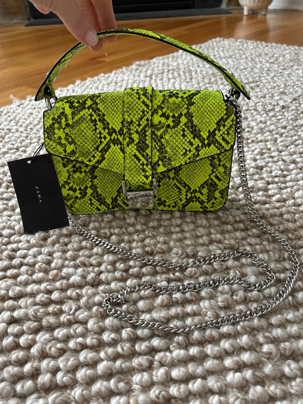 Zara Neon Lime Snake-Print Top Handle Crossbody Bag
